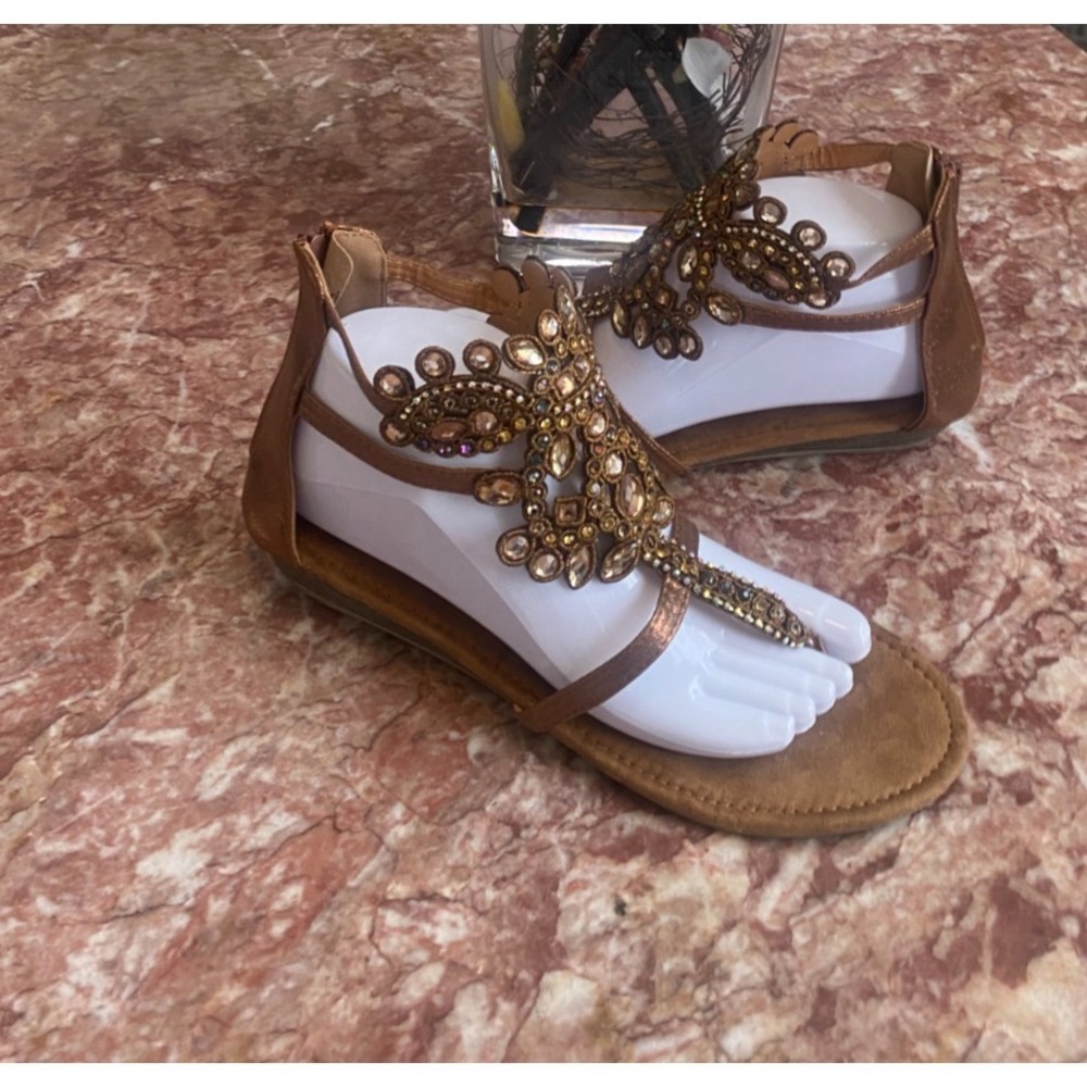 New MUK LUKS Women's Rhinestone Bling Bronze  3 Strap Zip Back Flat Sandal Sz 10